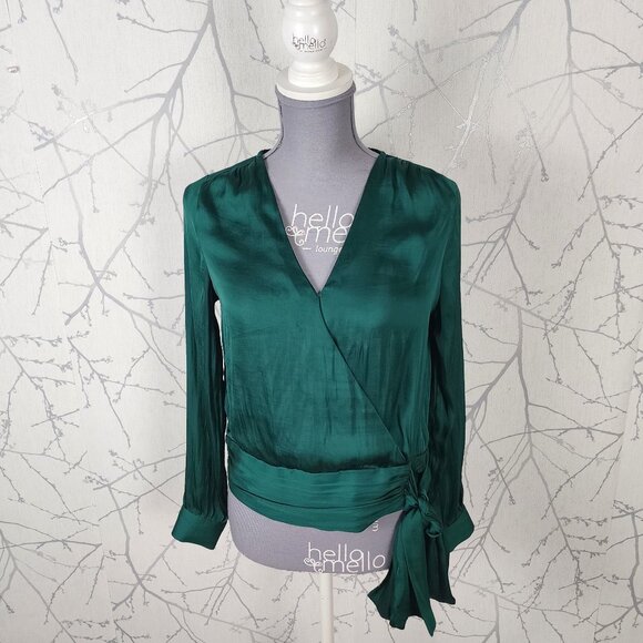 Banana Republic Forest Green Satin Surplice Faux Wrap Blouse - Picture 1 of 5